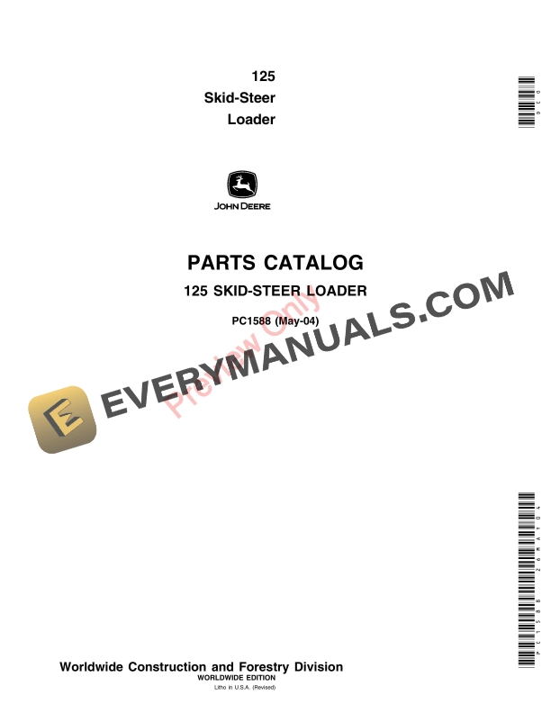 John Deere 125 Skid Steer Loader Parts Catalog PC1588 26MAY04