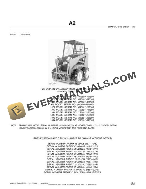 John Deere 125 Skid Steer Parts Catalog PC1588
