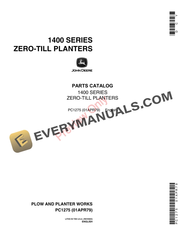John Deere 1400 Series ZeroTill Planters Parts Catalog PC1275 01APR79