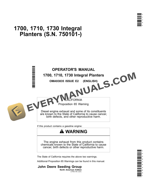John Deere 1700, 1710, 1730 Integral Planter Operator Manual OMA93835