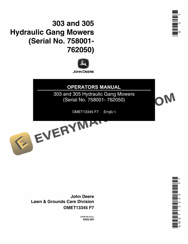 John Deere 303 and 305 Hydraulic Gang Mowers Operator Manual OMET13345