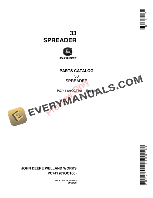 John Deere 33 Spreader Parts Catalog PC741 01OCT66