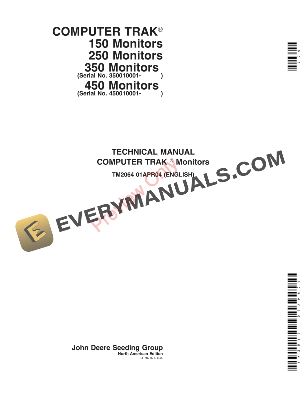 John Deere 350, 450 Computer Trak Seed Monitors Technical Manual TM2064