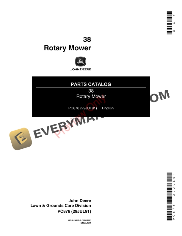 John Deere 38 Rotary Mower Parts Catalog PC876 29JUL91