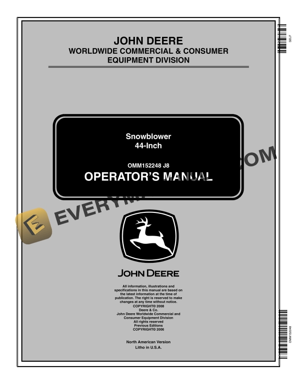 John Deere 44Inch Snowblower Operator Manual OMM152248