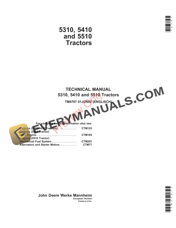 John Deere 5310, 5410 and 5510 Tractors Technical Manual TM4767 01JUN02