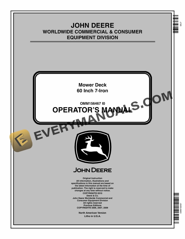 John Deere 60 Inch 7-Iron Mower Decks Operator Manual OMM156467