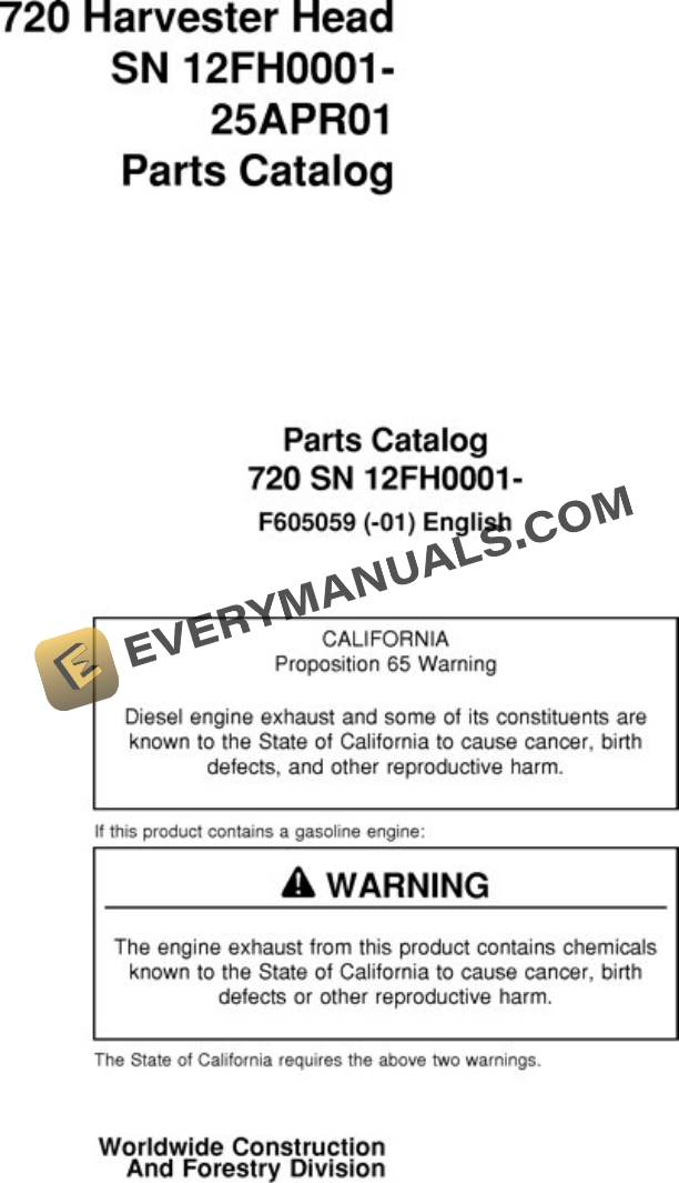 John Deere 720 Harvesting Head Parts Catalog F605059
