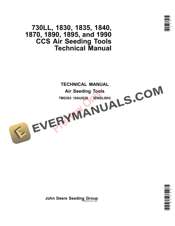 John Deere 730LL, 1830, 1835, 1840, 1870, 1890, 1895, and 1990 CCS Air