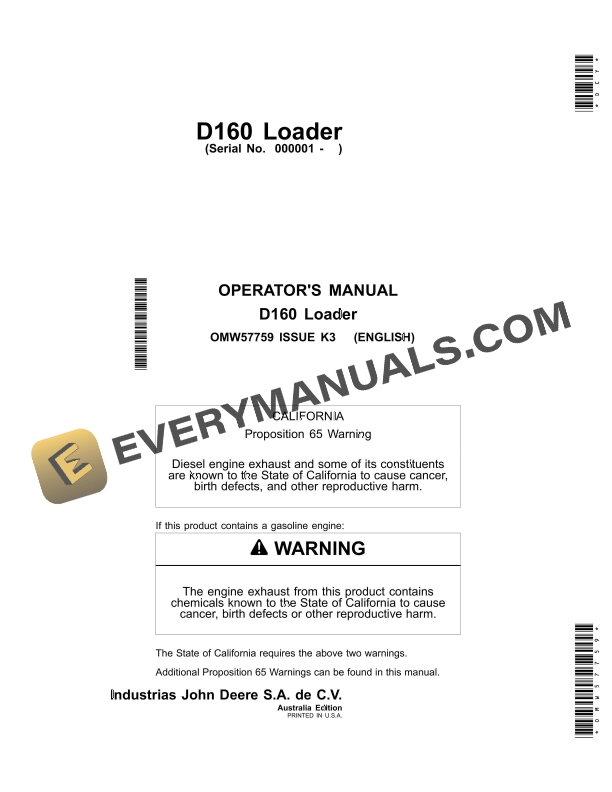 John Deere D160 Loader Operator Manual OMW57759