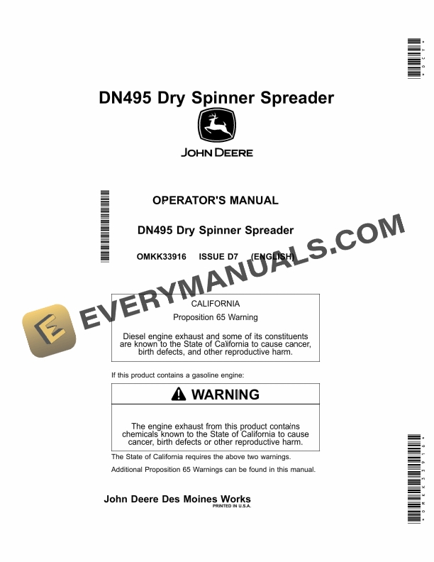 John Deere DN495 Dry Spinner Spreader Operator Manual OMKK33916