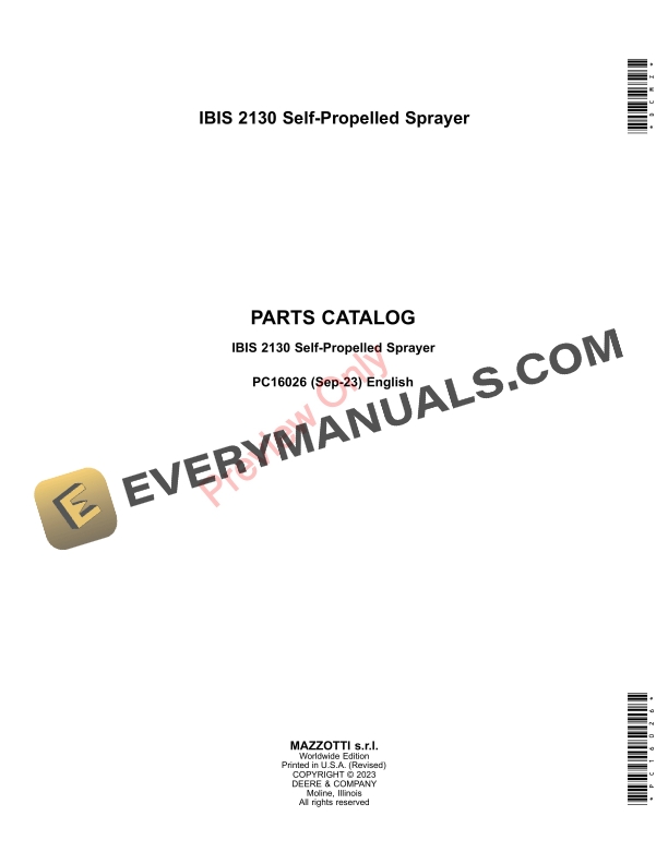 John Deere IBIS 2130 SelfPropelled Sprayer Parts Catalog PC16026 30SEP23