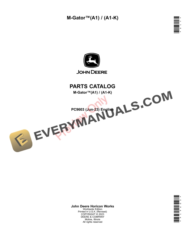 John Deere MGator (A1) (A1K) Parts Catalog PC9603 06JUN23