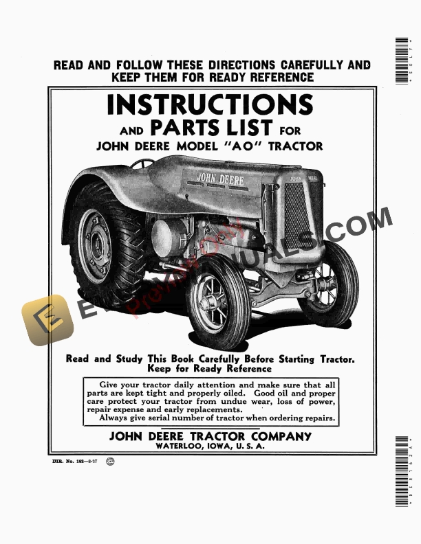 John Deere Model AO Tractor Parts Catalog Operation Manual