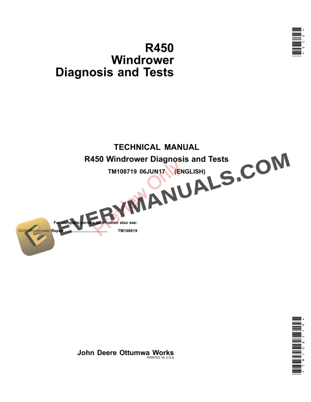 John Deere R450 Windrower Diagnostic and Test Technical Manual TM108719 ...