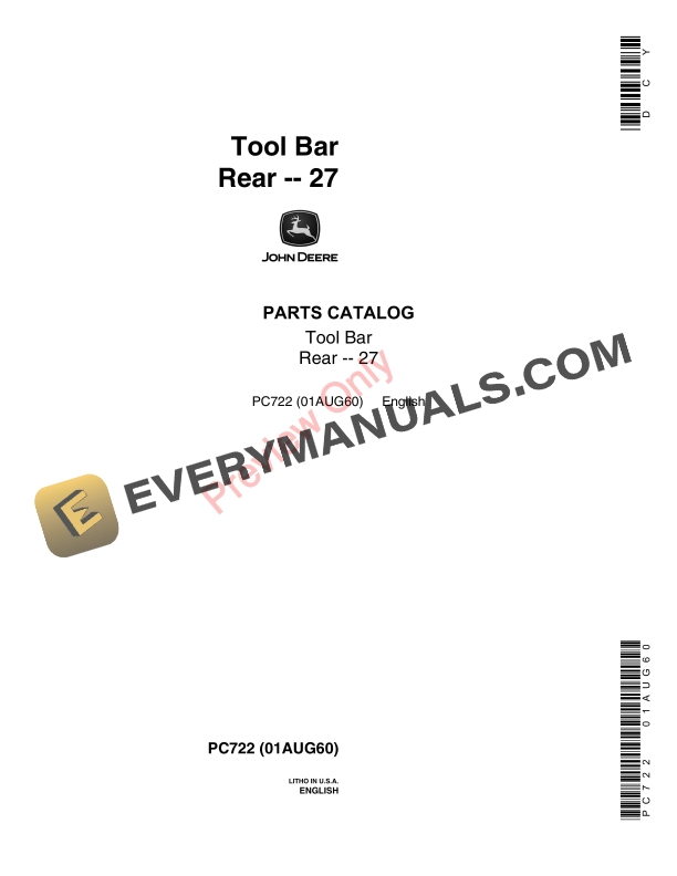 John Deere Rear Toolbar 27 Parts Catalog PC722 01AUG60