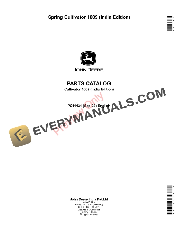 John Deere Spring Cultivator 1009 Parts Catalog PC11434 30SEP23