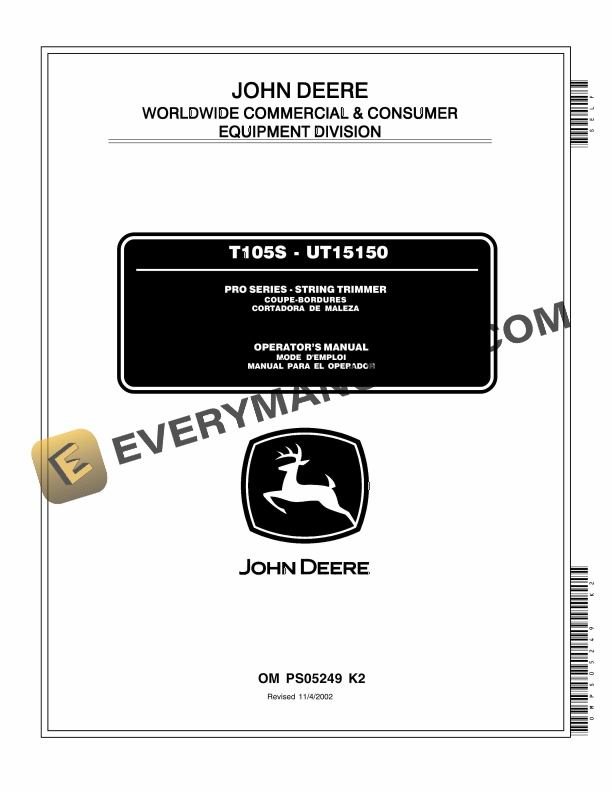 John Deere T105S UT15150 PRO SERIES STRING TRIMMER Operator Manual OMPS05249