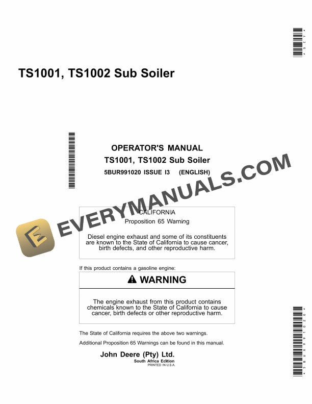 John Deere TS1001, TS1002 Sub Soiler Operator Manual 5BUR991020