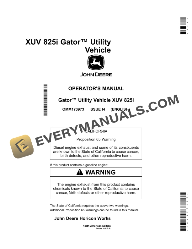 John Deere XUV 825i Gator Utility Vehicles Operator Manual OMM173973