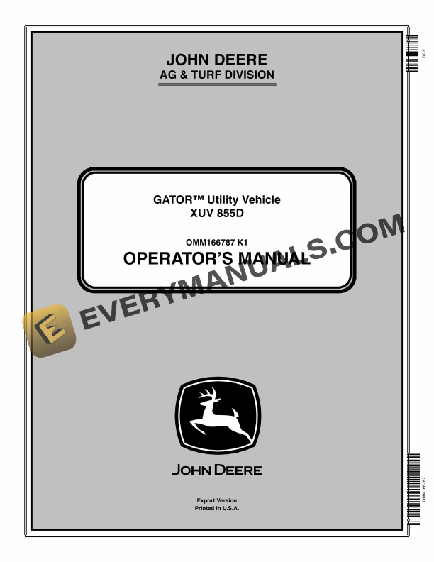 John Deere XUV 855D GATOR Utility Vehicles Operator Manual OMM166787