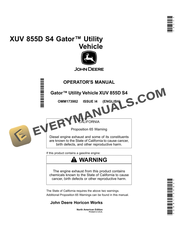 John Deere XUV 855D S4 Gator Utility Vehicles Operator Manual OMM173982