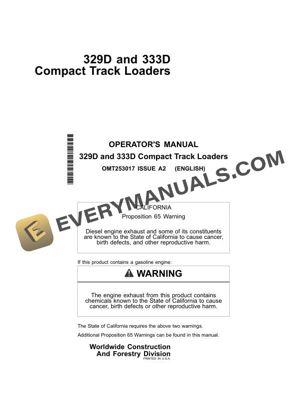 John Deere 326E Skid Steer Loader Operator Manual OMT343290