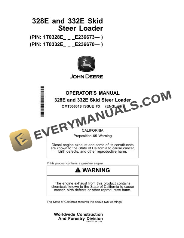 John Deere 326E Skid Steer Loader Operator Manual OMT343290