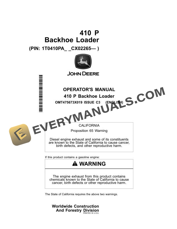 John Deere 410D 510D Backhoe Loader Operator Manual OMT143669