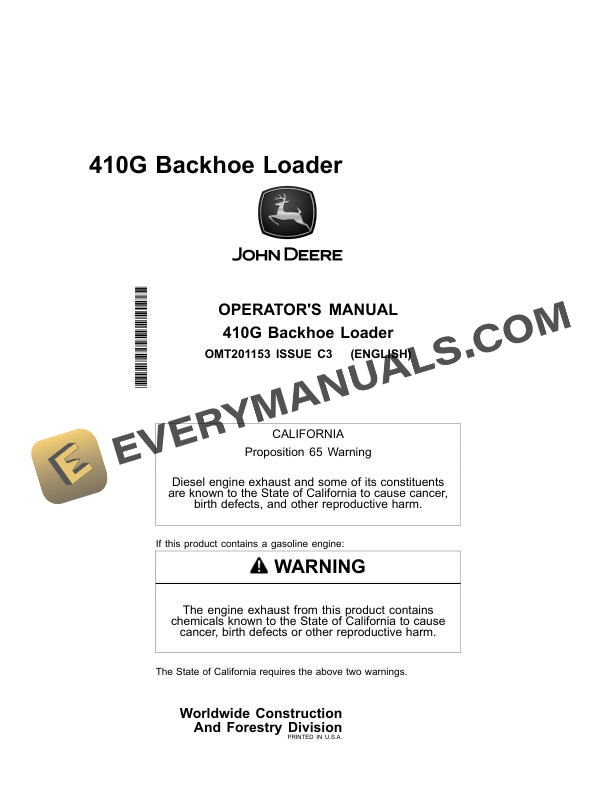 John Deere 410G Backhoe Loader Operator Manual OMT201153