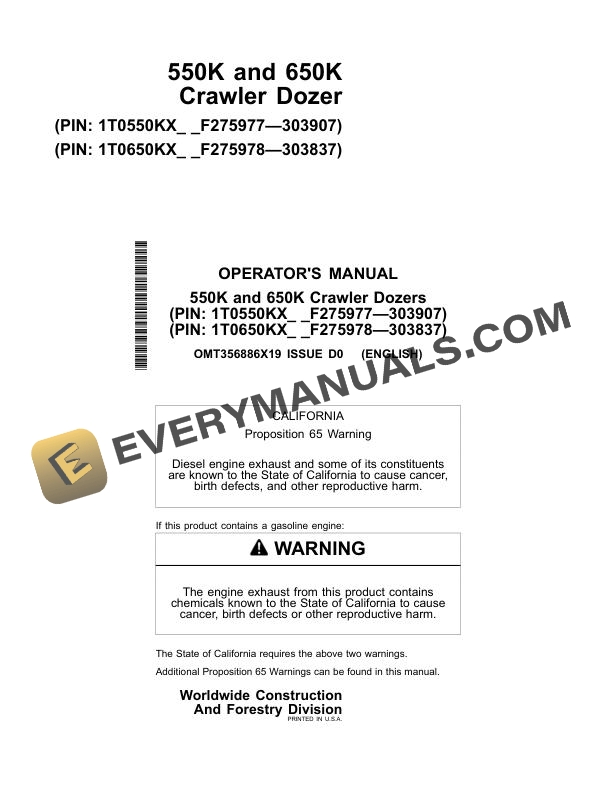 John Deere 550K, 650K Crawler Dozer Operator Manual OMT356886X19