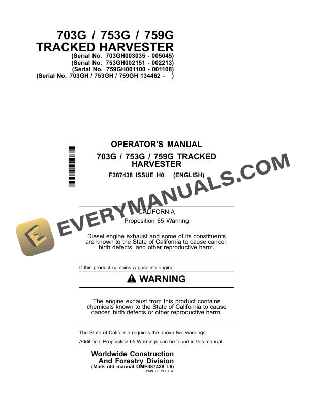 John Deere Timberjack 703G 753G 759G Tracked Harvester Operator Manual ...