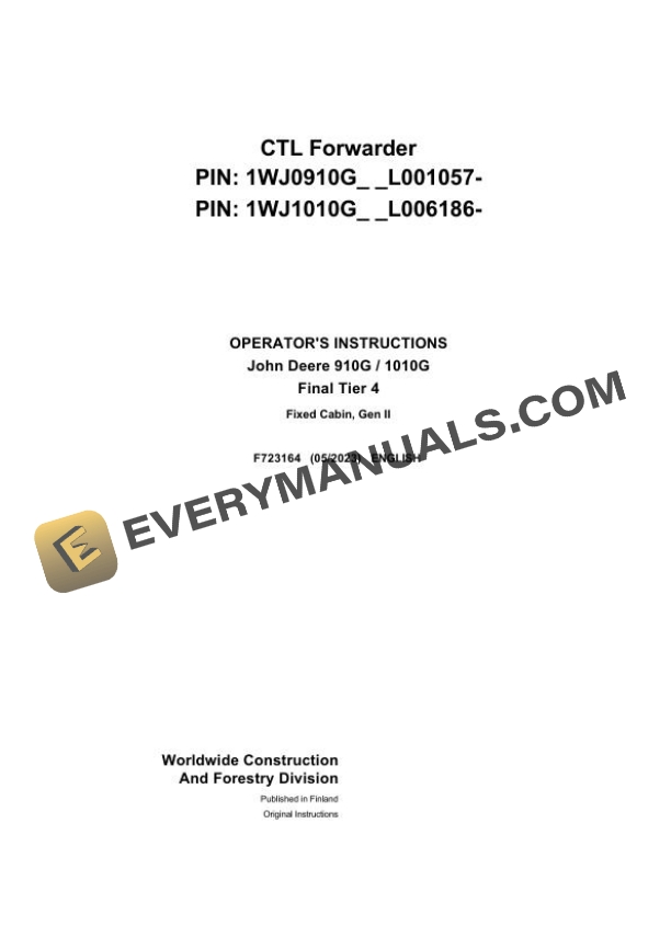 John Deere 910g 1010g Final Tier 4 Ctl Forwarder Operator Instruction 
